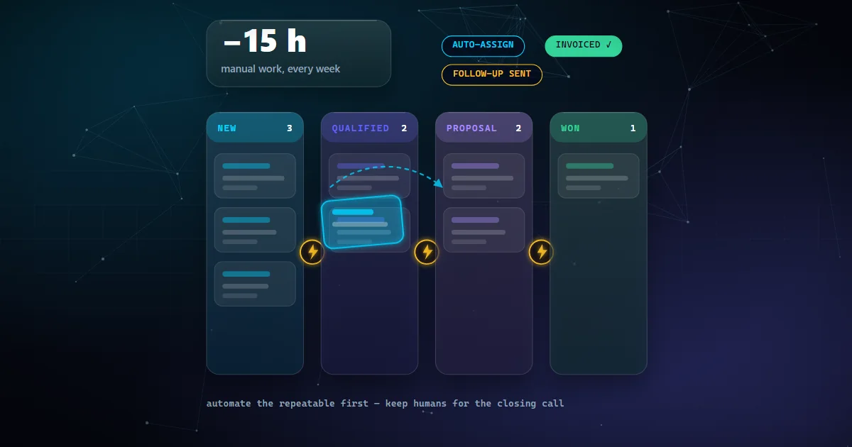 CRM kanban pipeline with automation triggers moving deals from new to won