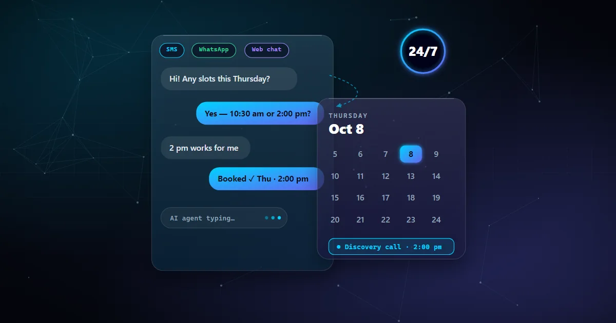 AI chat agent booking an appointment over SMS and WhatsApp into a calendar, available 24/7