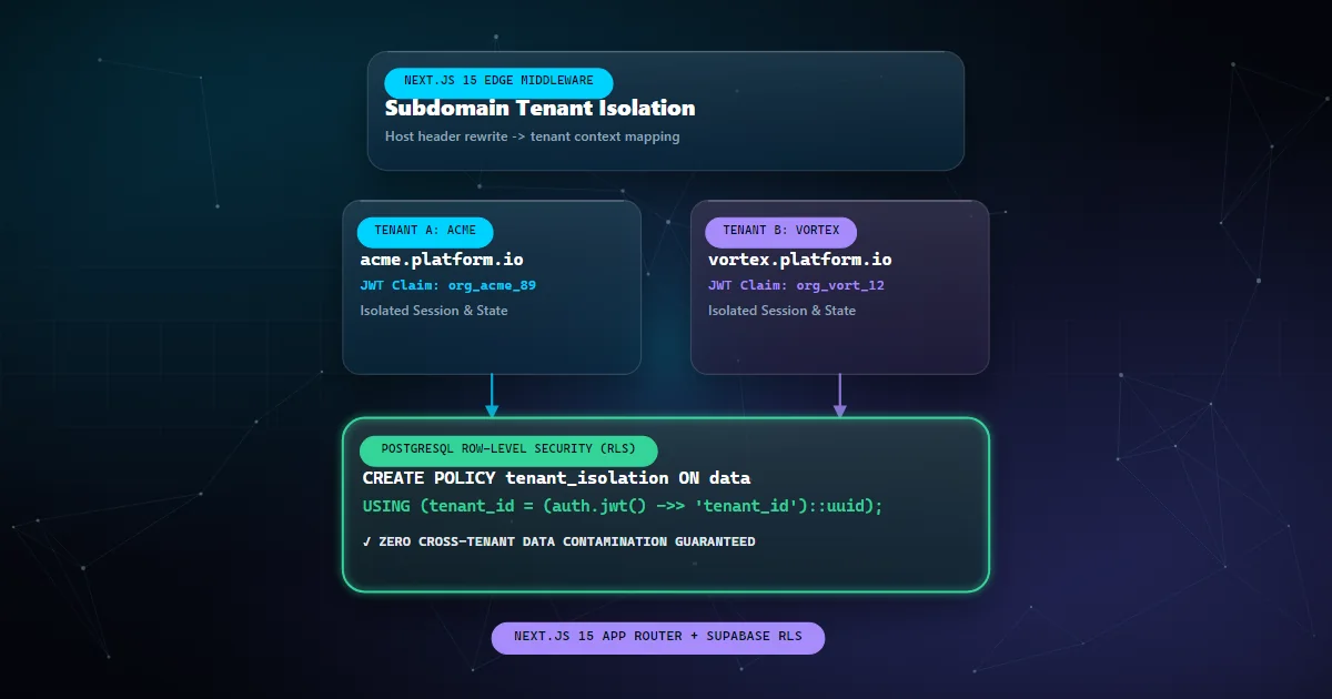 Isometric 3D system diagram illustrating multi-tenant SaaS architecture with Next.js and Supabase