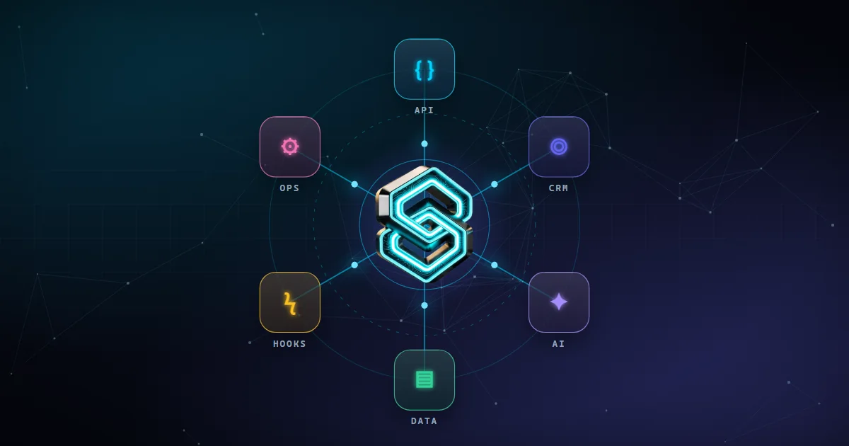 Illustration of a central StackandCode core connected to API, CRM, AI, data, webhook and operations nodes